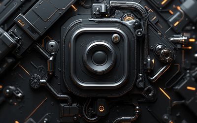 4k, Instagram metal logo, bokeh, yellow glare, mechanical backgrounds, creative, Instagram 3D logo, artwork, Instagram logo, social networks, Instagram