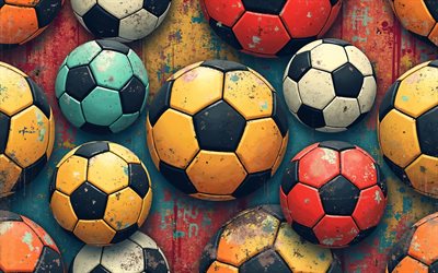 4k, patrón de pelotas de fútbol, fondos deportivos, fondos retro, patrones de fútbol, fondo de grune colorido, arte abstracto, antecedentes con bolas, antecedentes de fútbol, fondos de fútbol