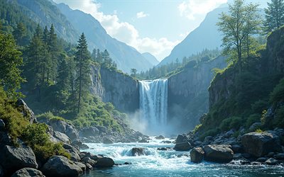 cascade de montagne, 4k, rivière montagneuse, matin, montagnes, cascade élevée, rochers, paysage des montagnes, cascades