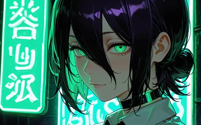 4k, رز, الخضراء النيون الهيروغليفية, رجل بالمنشار, عن قرب, ليلة, المانجا, شخصيات مان تشينو, العمل الفني, رايز تشينو رجل