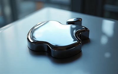 3d Apple chrome plated logo, 4k, Apple metal logo, Apple emblem, Apple logo, metal Apple logo, gray metal background, Apple