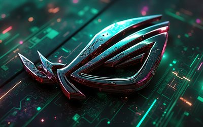 logotipo de rog, 4k, luces de neón verdes y moradas, república de los jugadores, rog 3d emblema, arte ligero, logotipo de la república de los jugadores, logotipo de rog 3d metal, signo de rog, rog, fondo tecnológico, asus rog