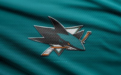 san jose sharks fabric logo, 4k, blauer stoffhintergrund, nhl, bokeh, eishockey, san jose sharks logo, san jose sharks emblem, american hockey club, san jose haie