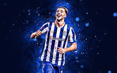 Nico Gonzalez, 4k, blue neon lights, FC Porto, Primeira Liga, Spanish footballers, Nico Gonzalez 4K, football, soccer, Liga Portugal, Nicolas Gonzalez, Porto FC, Nico Gonzalez Porto