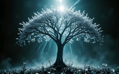 frozen tree, night, frost concepts, forest, tree in ice, snow on tree branches, winter concepts, beautiful white tree, winter landscape, moonlight