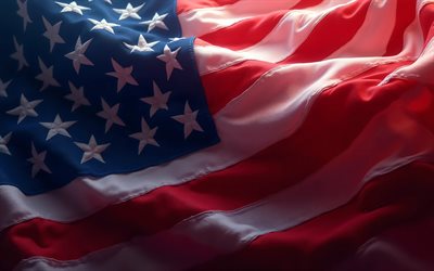 bandera americana, 4k, 4 de julio, bandera de estados unidos, de cerca, bandera de tela de ondas 3d, día de la independencia, bandera americana de tela, estados unidos, eeuu, cuatro de julio, bandera de tela de estados unidos