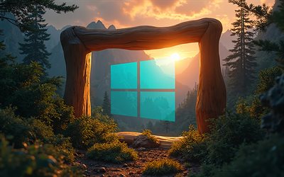 windows 10 logo, holzrahmen, abend, sonnenuntergang, windows 10 emblem, blaues windows 10 logo, windows zeichen, windows logo, windows