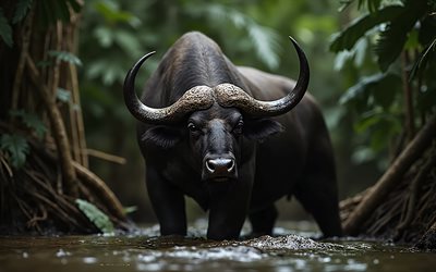 búfalo, 4k, fauna, búfalo merodeando por la orilla del río, búfalo marrón, selva tropical, animales salvajes, selva, búfalo caminando por el río