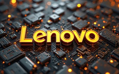 lenovo gelbes metalllogo, 4k, schwarzer high tech hintergrund, mikroschaltungen, dirigenten, elektronikmarken, kreativ, lenovo logo auf mikroschaltung, marken, lenovo 3d logo, kunstwerk, lenovo logo, lenovo