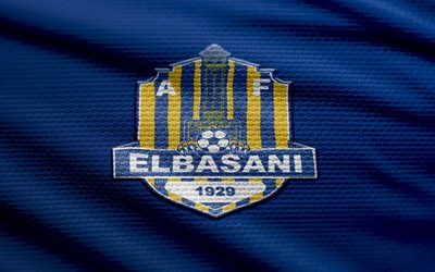 af elbasani ファブリックのロゴ, 4k, 青い布の背景, 優れたカテゴリ, ボケ味, サッカー, af エルバサーニのロゴ, フットボール, afエルバサーニのエンブレム, af エルバサーニ, アルバニアのサッカークラブ, エルバサニfc