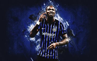marcos thuram, inter de milán, fc internazionale, fondo de piedra azul, celebración de gol, enterrar, futbolista francés, retrato, serie a, arte grunge, italia, fútbol americano, marcus thuram inter de milán