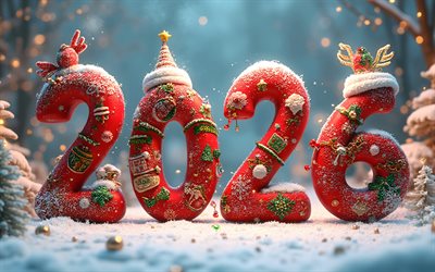 bonne année 2026, 4k, paysage d'hiver, nouvel an 2026, numéros rouges de noël 3d 2026, concepts 2026, 2026 arrière plans