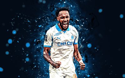 pierre emerick aubameyang, 4k, luzes de néon azuis, marselha, liga 1, futebolistas gaboneses, pierre emerick aubameyang 4k, futebol, olímpico de marselha, olympique de marselha fc, pierre emerick aubameyang marselha