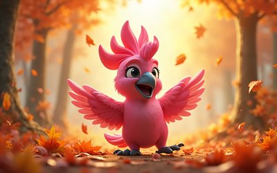 4k, cacatua rosa dos desenhos animados, outono, queda de folhas, pássaros animados em 3d, bokeh, pássaros felizes, cacatua rosa modelo 3d, animais felizes, pássaros 3d, cacatua rosa, pássaros de desenhos animados, cacatua