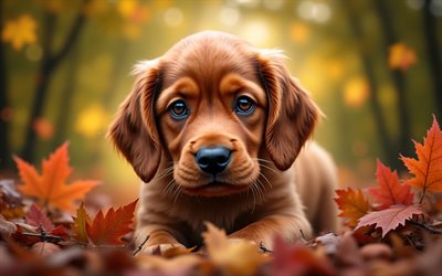 cachorro cocker spaniel inglés, 4k, otoño, bokeh, bosque, perros, animales lindos, cachorros, mascotas, cachorro en el bosque, cocker spaniel inglés