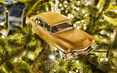 Christmas tree, Happy New Year, garland on the Christmas tree, car toy on the Christmas tree, Christmas travel, auto travel, Christmas background