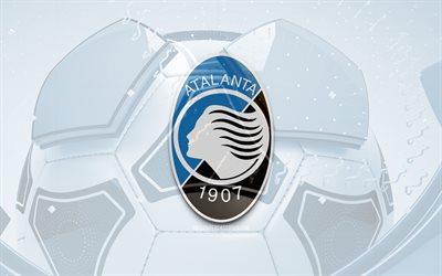 Atalanta BC glossy logo, 4K, blue football background, Serie A, soccer, italian football club, Atalanta BC 3D logo, Atalanta BC emblem, Atalanta FC, football, sports logo, Atalanta BC