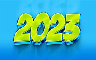 2023 Happy New Year, 4k, green glass digits, 3D art, 2023 concepts, artwork, 2023 3D digits, xmas decorations, Happy New Year 2023, creative, 2023 year, 2023 blue background