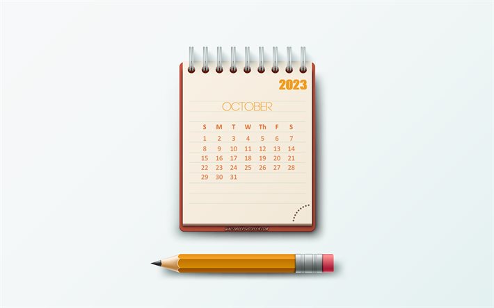 October 2023 Calendar, 4k, notepad paper, 2023 concepts, stationery background, 2023 October Calendar, 2023 calendars, October, creative art
