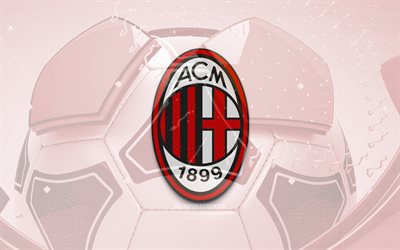 AC Milan glossy logo, 4K, red football background, Serie A, soccer, italian football club, AC Milan 3D logo, AC Milan emblem, Milan FC, football, sports logo, AC Milan