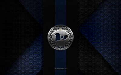 arminia bielefeld, 2 bundesliga, svart blå stickad textur, arminia bielefeld logotyp, tysk fotbollsklubb, arminia bielefeld emblem, fotboll, bielefeld, tyskland