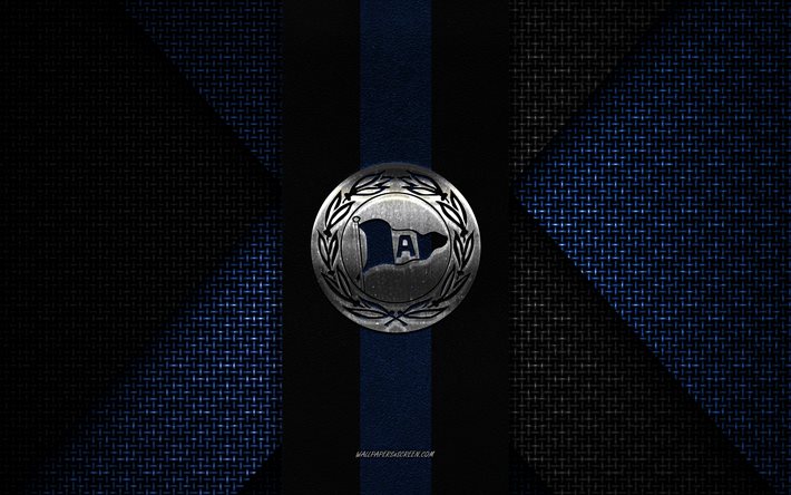 arminia bielefeld, 2 bundesliga, textura de malha azul preta, logo arminia bielefeld, clube de futebol alemão, arminia bielefeld emblema, futebol, bielefeld, alemanha
