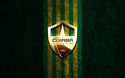cuiaba ec 황금 로고, 4k, 녹색 돌 배경, 브라질 세리에 a, 브라질 축구 클럽, 쿠이아바 ec 로고, 축구, 쿠이아바 ec 엠블럼, 쿠이아바 ec, 쿠이아바 fc