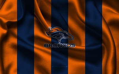 4k, logotipo do denver broncos, tecido de seda laranja azul, time de futebol americano, emblema do denver broncos, nfl, eua, futebol americano, bandeira do denver broncos