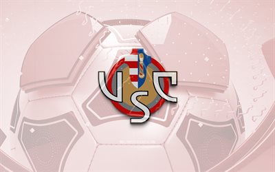 US Cremonese glossy logo, 4K, red football background, Serie A, soccer, italian football club, US Cremonese 3D logo, US Cremonese emblem, Cremonese FC, football, sports logo, US Cremonese