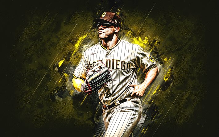 Juan Soto, San Diego Padres, portrait, Dominican baseball player, MLB, yellow stone background, Major League Baseball, baseball, USA