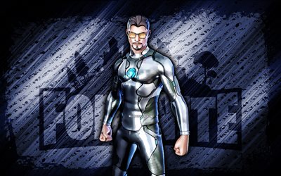Silver Foil Tony Stark Fortnite, 4k, blue diagonal background, grunge art, Fortnite, artwork, Silver Foil Tony Stark Skin, Fortnite characters, Silver Foil Tony Stark, Fortnite Silver Foil Tony Stark Skin