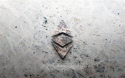 logotipo de piedra ethereum, 4k, fondo de piedra, logotipo de ethereum 3d, criptomonedas, bocetos de logotipos, logotipo de ethereum, arte grunge, etéreo