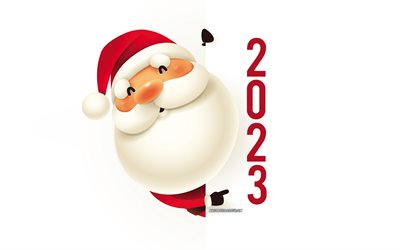 عام جديد سعيد 2023, 4k, سانتا كلوز, خلفية بيضاء, 2023 سنة جديدة سعيدة 2023, 2023 مفاهيم, تحيات بابا نويل, الخلفية مع سانتا كلوز
