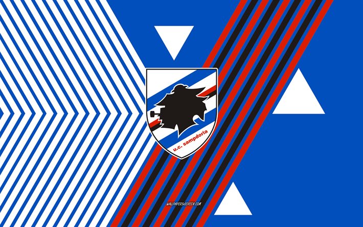 uc sampdoria logosu, 4k, italyan futbol takımı, mavi beyaz çizgiler arka plan, uc sampdoria, a grubu, italya, hat sanatı, uc sampdoria amblemi, futbol
