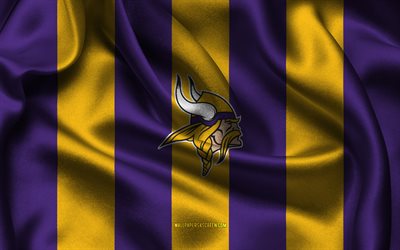 4k, logotipo de los vikingos de minnesota, tela de seda amarilla púrpura, equipo de fútbol americano, emblema de los vikingos de minnesota, nfl, insignia de los vikingos de minnesota, eeuu, fútbol americano, bandera de los vikingos de minnesota