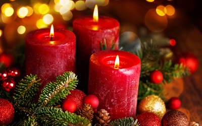 red candles, 4k, red xmas balls, Merry Christmas, xmas concepts, Happy New Year, burning candles, xmas decorations, Christmas decorations, candles