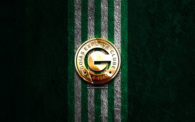 goias ec 황금 로고, 4k, 녹색 돌 배경, 브라질 세리에 a, 브라질 축구 클럽, 고이아스 ec 로고, 축구, 고이아스 ec 엠블럼, 고이아스 ec, 고이아스 fc