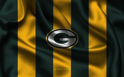 4k, Green Bay Packers logo, green yellow silk fabric, American football team, Green Bay Packers emblem, NFL, Green Bay Packers badge, USA, American football, Green Bay Packers flag