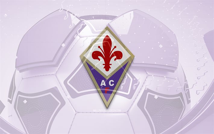 acf フィオレンティーナの光沢のあるロゴ, 4k, 紫色のサッカーの背景, セリエa, サッカー, イタリアのサッカー クラブ, acf フィオレンティーナ 3d ロゴ, acf フィオレンティーナのエンブレム, フィオレンティーナ fc, フットボール, スポーツのロゴ, acf フィオレンティーナ