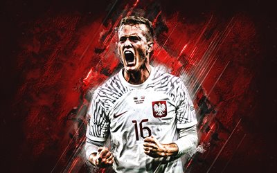 Karol Swiderski, Poland national football team, portrait, Polish football player, striker, red stone background, football, Poland