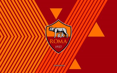 asローマのロゴ, 4k, イタリアのサッカー チーム, オレンジ色のバーガンディ ライン背景, asローマ, セリエa, イタリア, 線画, asローマのエンブレム, フットボール