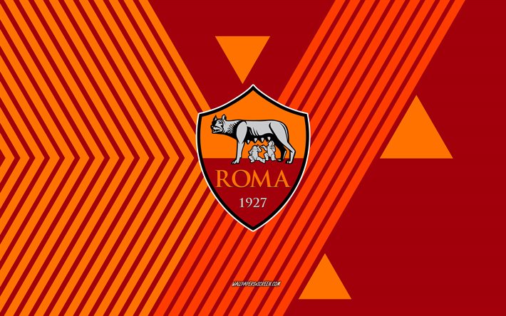 asローマのロゴ, 4k, イタリアのサッカー チーム, オレンジ色のバーガンディ ライン背景, asローマ, セリエa, イタリア, 線画, asローマのエンブレム, フットボール