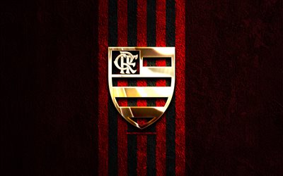 logo dorato del flamengo rj, 4k, sfondo di pietra rossa, serie a brasiliana, squadra di calcio brasiliana, logo del flamengo rj, calcio, emblema del flamengo rj, flamengo rj, flamengo fc