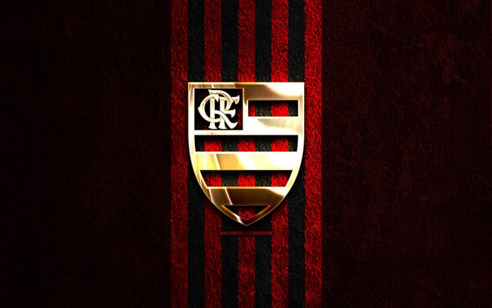 Flamengo RJ golden logo, 4k, red stone background, Brazilian Serie A, brazilian football club, Flamengo RJ logo, soccer, Flamengo RJ emblem, Flamengo RJ, football, Flamengo FC