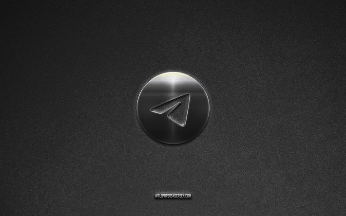 Telegram logo, social media brands, gray stone background, Telegram emblem, social media logos, Telegram, music signs, Telegram metal logo, stone texture
