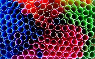 colorful plastic straws, 4k, circles patterns, creative, 3D textures, plastic straws