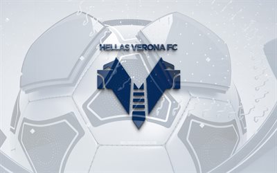 hellas verona の光沢のあるロゴ, 4k, 青いサッカーの背景, セリエa, サッカー, イタリアのサッカー クラブ, ヘラス ヴェローナ 3d ロゴ, エラス ヴェローナのエンブレム, エラス・ヴェローナfc, フットボール, スポーツのロゴ, エラス ヴェローナ
