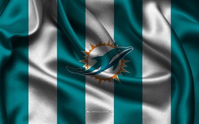 4k, logo dei delfini di miami, tessuto di seta bianco turchese, squadra di football americano, emblema dei delfini di miami, nfl, distintivo dei miami dolphins, stati uniti d'america, football americano, bandiera dei delfini di miami