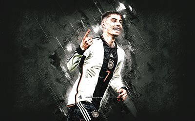 kai havertz, tysklands fotbollslandslag, tysk fotbollsspelare, mittfältare, porträtt, vit sten bakgrund, tyskland, fotboll