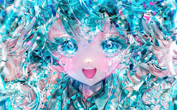Hatsune Miku, blue curly hair, Vocaloid, protagonist, blue eyes, manga, fan art, Vocaloid characters, japanese virtual singers, Hatsune Miku Vocaloid